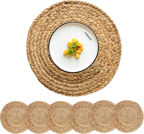Round Woven Placemats Set of 6, Natural Water Hyacinth, 13.5 Inch Rattan Placemats for Outdoor Patio Table