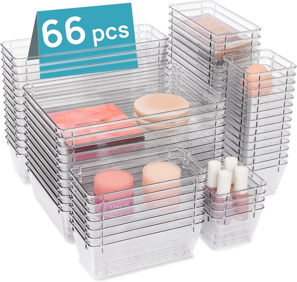 Vtopmart 66 PCS Clear Plastic Drawer Organizers - 4-Size Bathroom and Vanity Organizer Trays for Makeup, Jewelry, Office