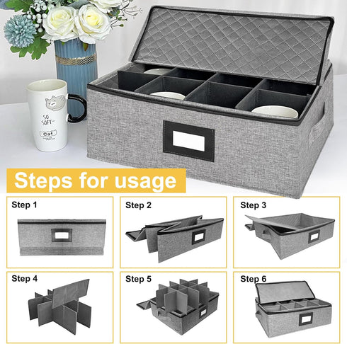 Coffee Mug Storage Box with Dividers - Durable China Storage Container for 12 Mugs, Stackable with Lid (Grey)