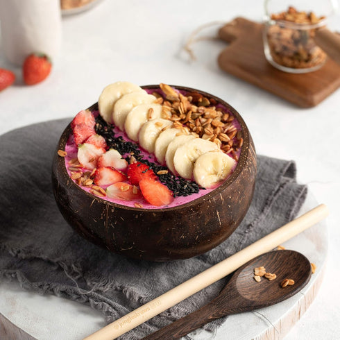 Jungle Culture 2 Polished Coconut Bowl Set with Wooden Spoons & Bamboo Straws, Eco-Friendly Vegan Gifts