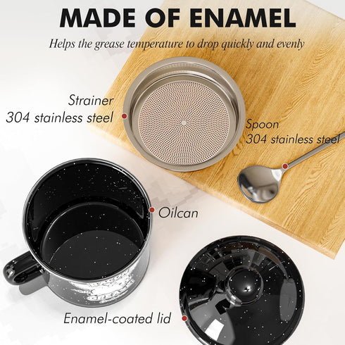 15OZ 15OZ) PGYARD Mini Bacon Grease Container With Strainer - Farmhouse Enamel Grease Saver (Black