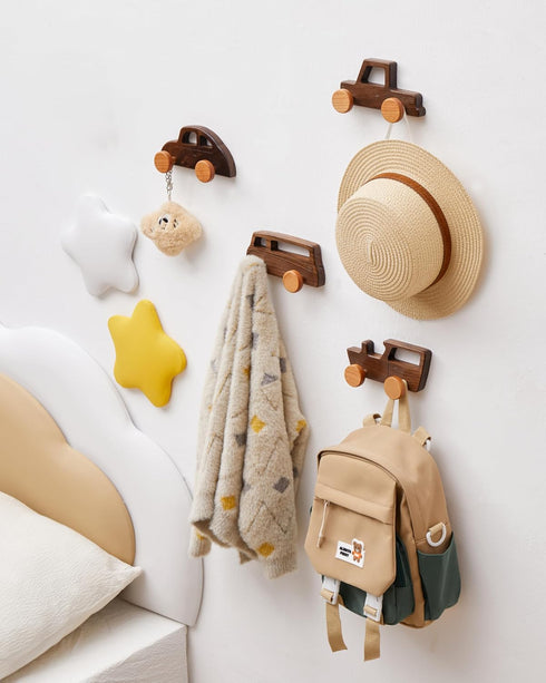 Vinoil 4 Pack Hats,Backpacks,Towels,Keys&Clothes Kids Coat Hooks Wall Mount, Walnut Car-Shaped Coat Rack Heavy Duty
