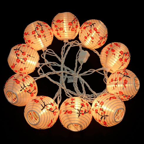 YULETIME Plum Blossom Lantern String Lights, 10 Count Nylon Lantern on 7.6' White Wire, UL Listed