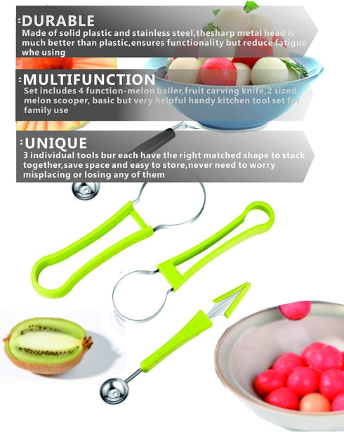 DIANCHU 2 Pieces Melon Baller Scoop Set - 4 In 1 Stainless Steel Fruit Tool Set for Melon Baller, Carving Knife, Seed