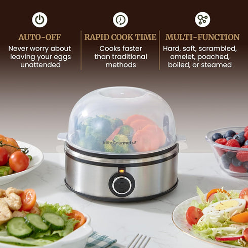 EGC855SS 7-Egg Elite Gourmet Easy Egg Cooker, Capacity, Soft, Medium, Hard-Boiled, Omelets, Poached Eggs, Plays Melody