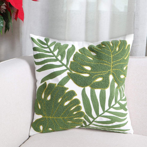 Embroidery Throw Pillow Covers 18x18 - 100% Cotton Canvas Cushion Cover with Tropical Green Leave Design