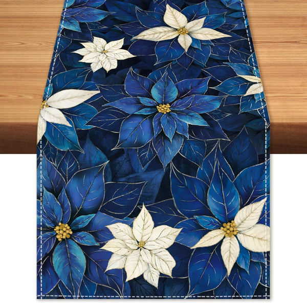 Winter Navy Blue Poinsettia Table Runner Christmas Floral Burlap Table Runners, Xmas