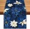 Winter Navy Blue Poinsettia Table Runner Christmas Floral Burlap Table Runners, Xmas