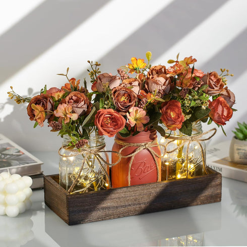 DUOER 3 Pcs Mason Jar Centerpiece Table Decorations for Dining Table Decor Farmhouse Coffee Table Decor with Wood Tray