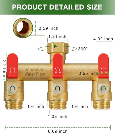 LNEZCDB 3 3/4 Inch Way Hose Splitter, Heavy Duty Full Flow Garden Water Hose Bib Spigot Splitter, Brass Rust and Freeze