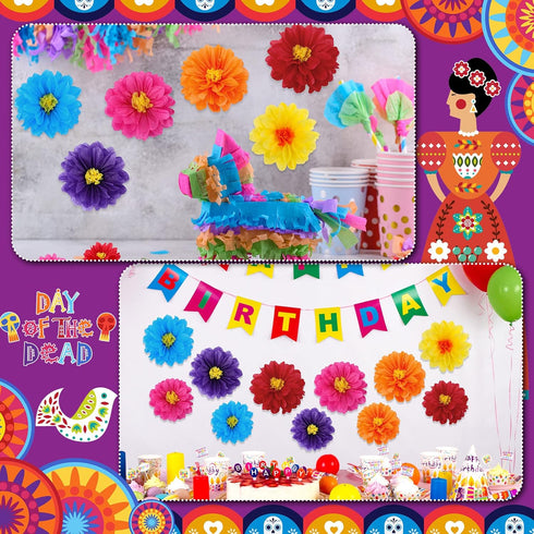 36 Pcs Colorful Mexican Paper Flowers for Floral Party Backdrop Wedding Birthday Craft, 6" 8" 10"