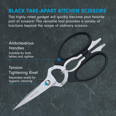 Messermeister 8-Inch Take-Apart Kitchen Scissors, Black, Includes Screwdriver, Nut Cracker, Jar Lid Opener