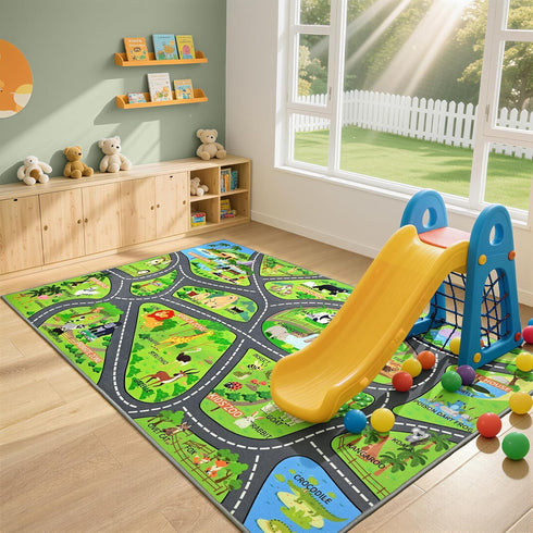 60"x36" Zoo Adventure Kids Car Rug, Cute Animal Play Mat with Non-Slip Backing, Kids Carpet with Lions, Tigers