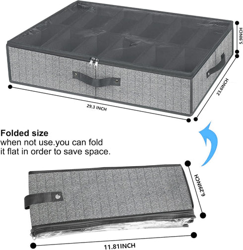 Under Bed Shoe Storage Organizer for Closet - Fits 24 Pairs, Set of 2 with Clear Cover (Herringbone Grey)