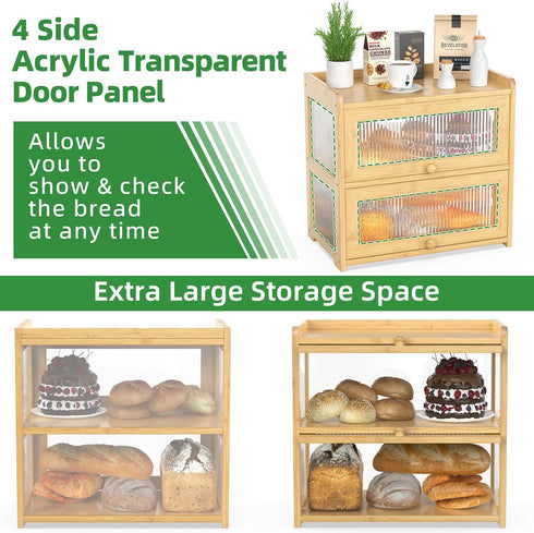 Counter, 4 BAMBANG Extra Large Bamboo Bread Box for Kitchen Double Layer Bread Storage Container Farmhouse Bread Box