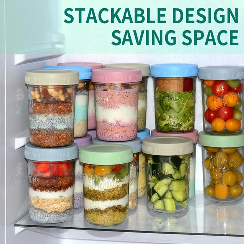 16 oz 6-Pack Xyptorix Overnight Oats Containers with Lids, Leak-Proof Wide Mouth Mason Jars & Separate Compartments