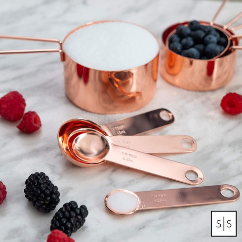 Copper Measuring Cups and Spoons Set – 8-Piece Stackable Stainless Steel Utensils, Stylish Rose Gold Kitchen