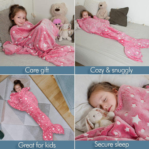 Mermaid Tail Blanket for Girls, Glow in The Dark Sleeping Bag, Plush Cozy Soft Fleece Throw for Age 2-12, Valentine's