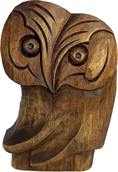 mik-Dyzayn 5 Inch Owl Figurine | Abstract Wood Carving Owl Gifts | Modernist Sculpture, Brown