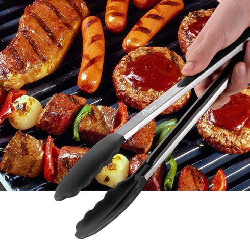 HOTEC Premium Stainless Steel Locking Kitchen Tongs, Set of 3 Sizes (7", 9", 12"), Black