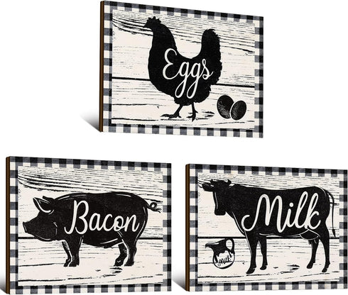 Jetec 3 Pieces Farmhouse Kitchen Decor, Wooden Pig Cow Chicken Signs, Rustic Buffalo Plaid Wall Art for Home Decorations