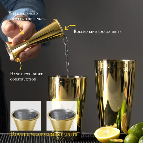 Homestia 10" Stainless Steel Muddler, 12" Cocktail Spoon, 1 oz 2 oz Double Jigger, 3 PCS Gold Cocktail Set for Beverages