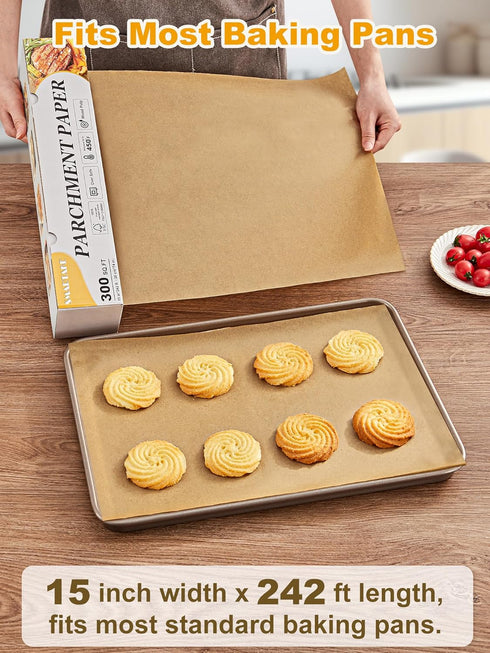 SMARTAKE Parchment Paper Roll for Baking, 15 in x 242 ft, 300 sq.ft, Non-Stick Baking Paper Sheets with Slide Cutter, Heavy Duty Extra Long, for Kitchen Baking Cooking Grilling Steaming, Unbleached