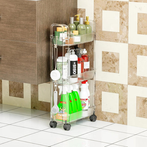 3 Tier Slim Rolling Storage Cart with Wheels for Small Space,Clear Modern Design Slim Utility Cart Suitable as Bathroom