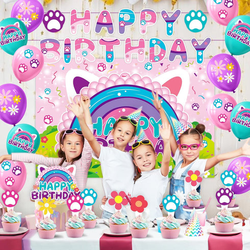 KMZFPYJ Dollhouse Birthday Party Supplies, Kids Birthday Cartoon Cat Party Decorations, Include Banner, Balloons