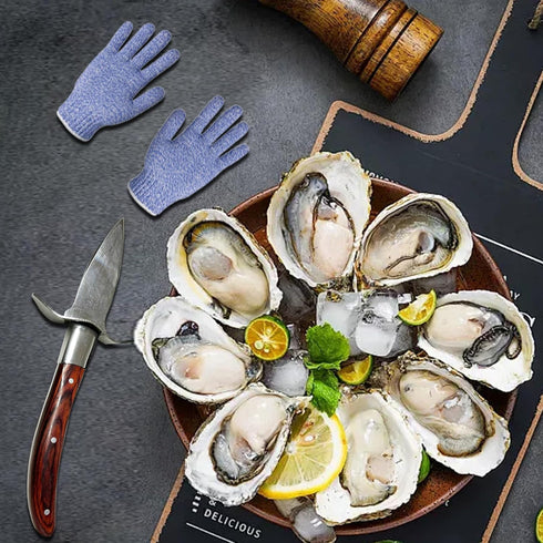 Oyster Shucker, 2 Set Oyster Shucking Knife Tool Kit, Stainless Steel Knives with Wooden Handle and Gloves for Clam