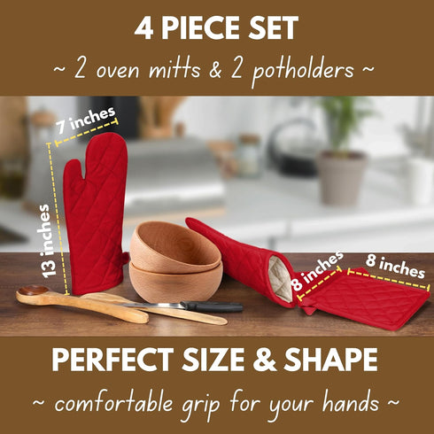Native Fab Pot Holders and Oven Mitts Set - 4-Piece Kitchen Heat Resistant Cotton Set in Red