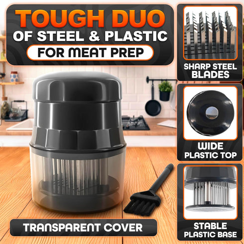 Meat Tenderizer Tool with 56 Sharp Stainless Steel Needle Blades, Safety Lock & Cleaning Brush, Dishwasher Safe