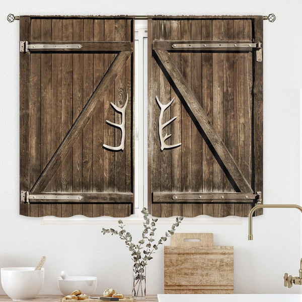 Cinbloo Farmhouse Kitchen Curtains, Rod Pocket 27.5W x 39L Inch Brown Barn Door Vintage Country Design, 2 Panels Set