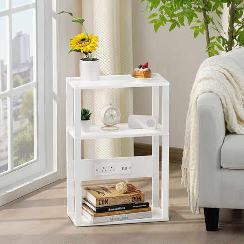 3-Tier YUFAM Small Narrow Wood Side Table with Charging Station, Skinny Nightstand for Small Space, Slim Bedside Table