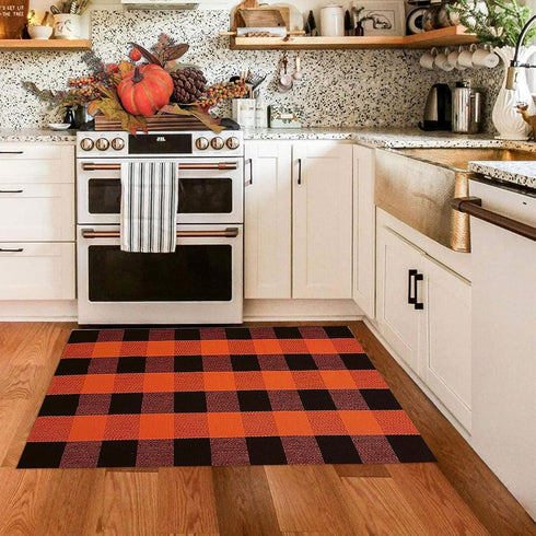 Fall Outdoor Rug, Orange Buffalo Plaid Cotton Hand-Woven Rug for Front Door/Porch/Farmhouse/Entryway (27.5'' x 43'')