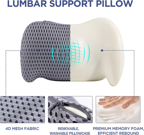 Lumbar Support Pillow for Office Chair, Memory Foam Back Cushion for Car, Lower Back Pain Relief with Adjustable Straps