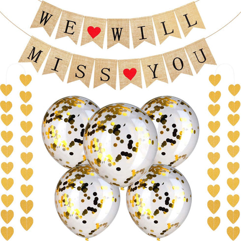 Gejoy 14 Pcs Farewell Party Decorations Supplies Kit, We Will Miss You Banner, Burlap Bunting, Gold Glitter Confetti