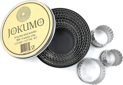 11 Piece Graduated Sizes Fluted Edge Round Pastry/Cookie Cutter Set - Heavy Duty Stainless Steel with Tin Storage Box
