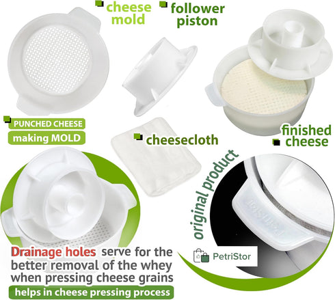 PetriStor Cheese Mold for Cheese Making, 1.3QT with Follower Piston and Cheesecloth