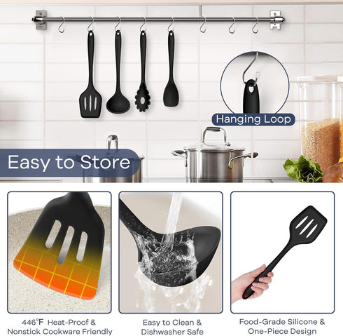 TeamFar Silicone Cooking Utensil Set of 7, Black Nonstick Tools Turner Spoon Spatula Ladle for Nonstick Cookware.