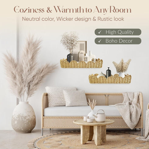 Set 2 Rattan Nursery Book Shelf, Woven Scalloped wall Shelves, Wicker Hanging Storage Basket, Baby Room Bookshelf, Wall