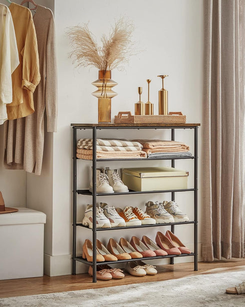 VASAGLE 5 Tier Shoe Rack, Shoe Organizer for Entryway, Holds 12-16 Pairs, with 4 Fabric Shelves, Rustic Brown and Black