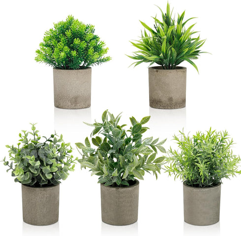 AUUGUU Artificial Potted Plants Set of 5, Realistic Faux Greenery in Cement