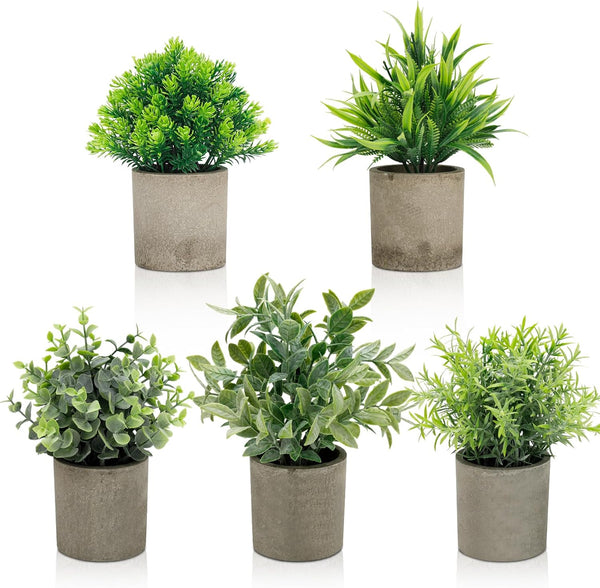 AUUGUU Artificial Potted Plants Set of 5, Realistic Faux Greenery in Cement