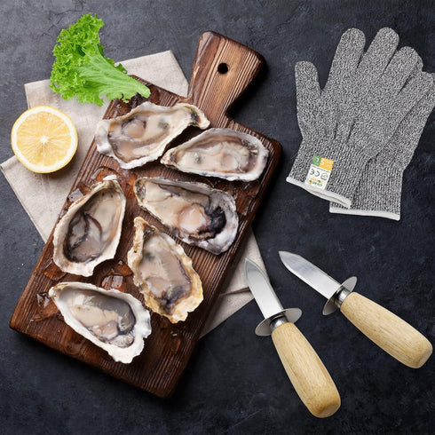 Oyster Shucking Knife Set of 2 Stainless Steel Knives and 2 Pairs Level 5 Cut-Resistant Gloves