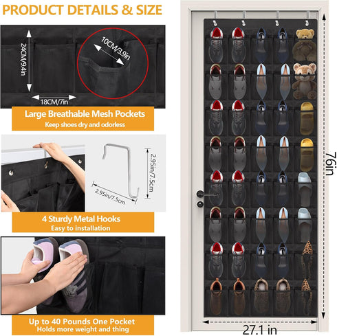 40 Closet Over the Door Shoe Organizer, Large Mesh Pockets Hanging Shoe Rack Organizer for Behind the Door Storage