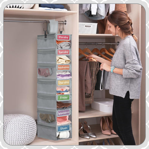 Yeyeplum 2 Pack 7 Closet Shelf Weekly Clothes Organizer Hanging for Kids with Side Pockets Weekday Shoes Rack Weekly