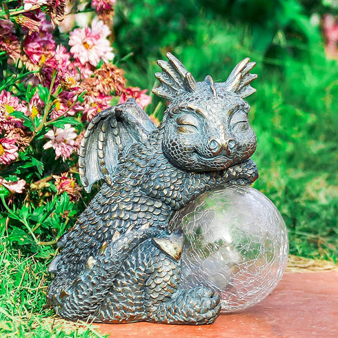 WONDER GARDEN Dragon Statue, Sleeping Dragon Figurines with Solar Light, Outdoor Waterproof Lawn Ornament Decor