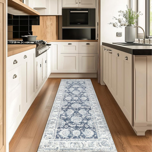 jinchan 2x6 (2x6, Fiora Runner Rug Machine Washable Hallway Rug Dark Blue Vintage Floral Print Non-Slip Low Pile