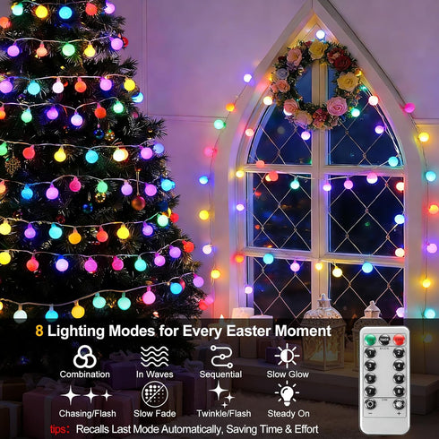 PJT 200 66ft 8 LED Easter String Lights, Plug in Pastel String Lights with Remote, Modes & Connectable, Easter Tree
